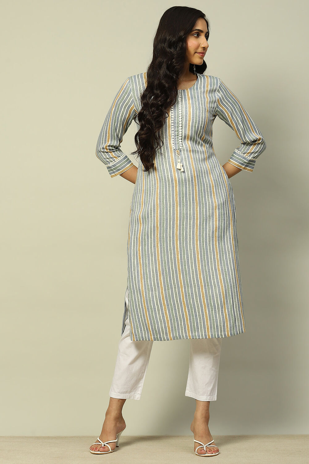 Buy Grey Viscose Blend Striped Straight Kurta 1N by Rangriti
