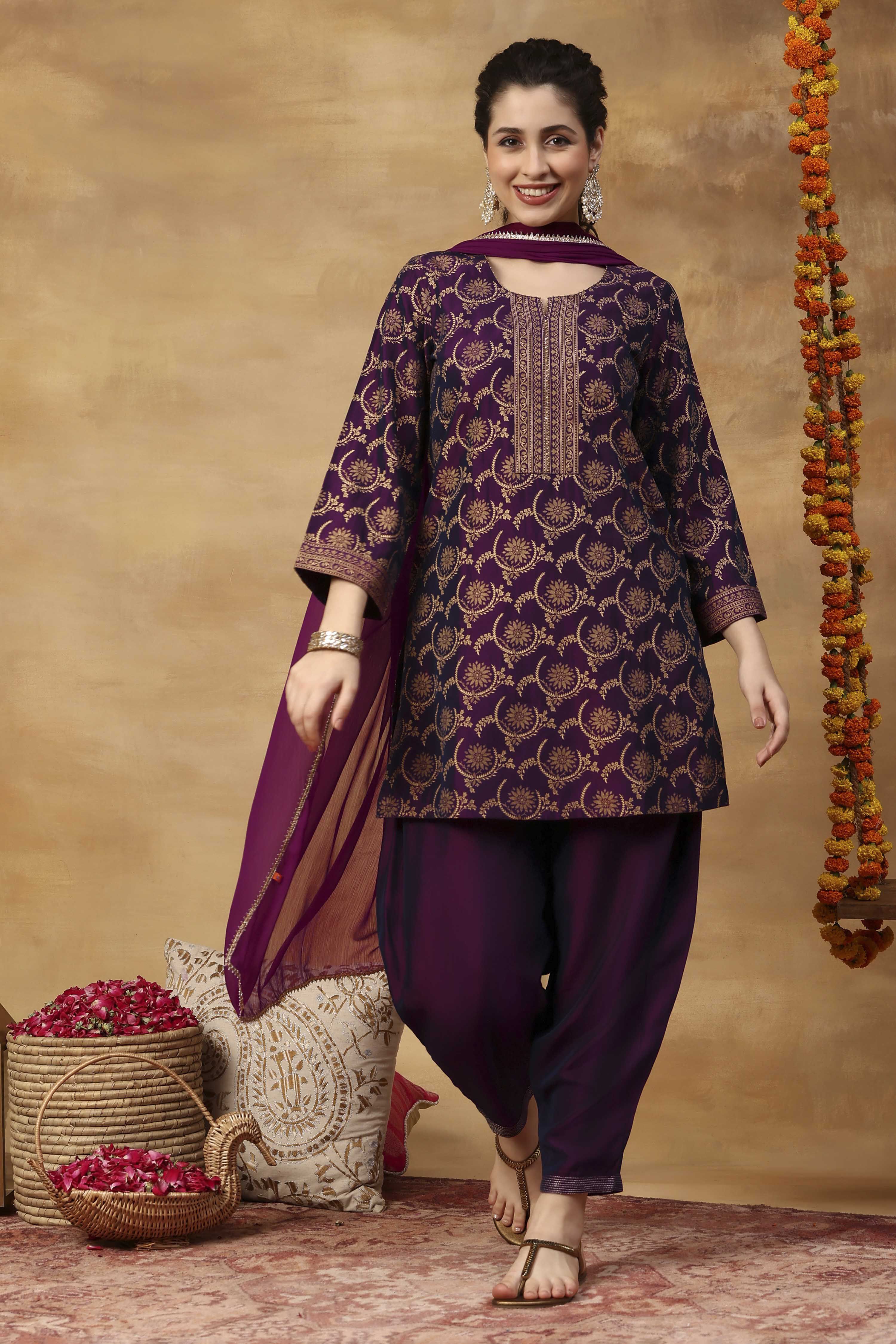 Purple Printed Poly Viscose Straight Kurta Set image number 5