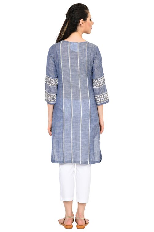 Blue Straight Chambray Kurta image number 4