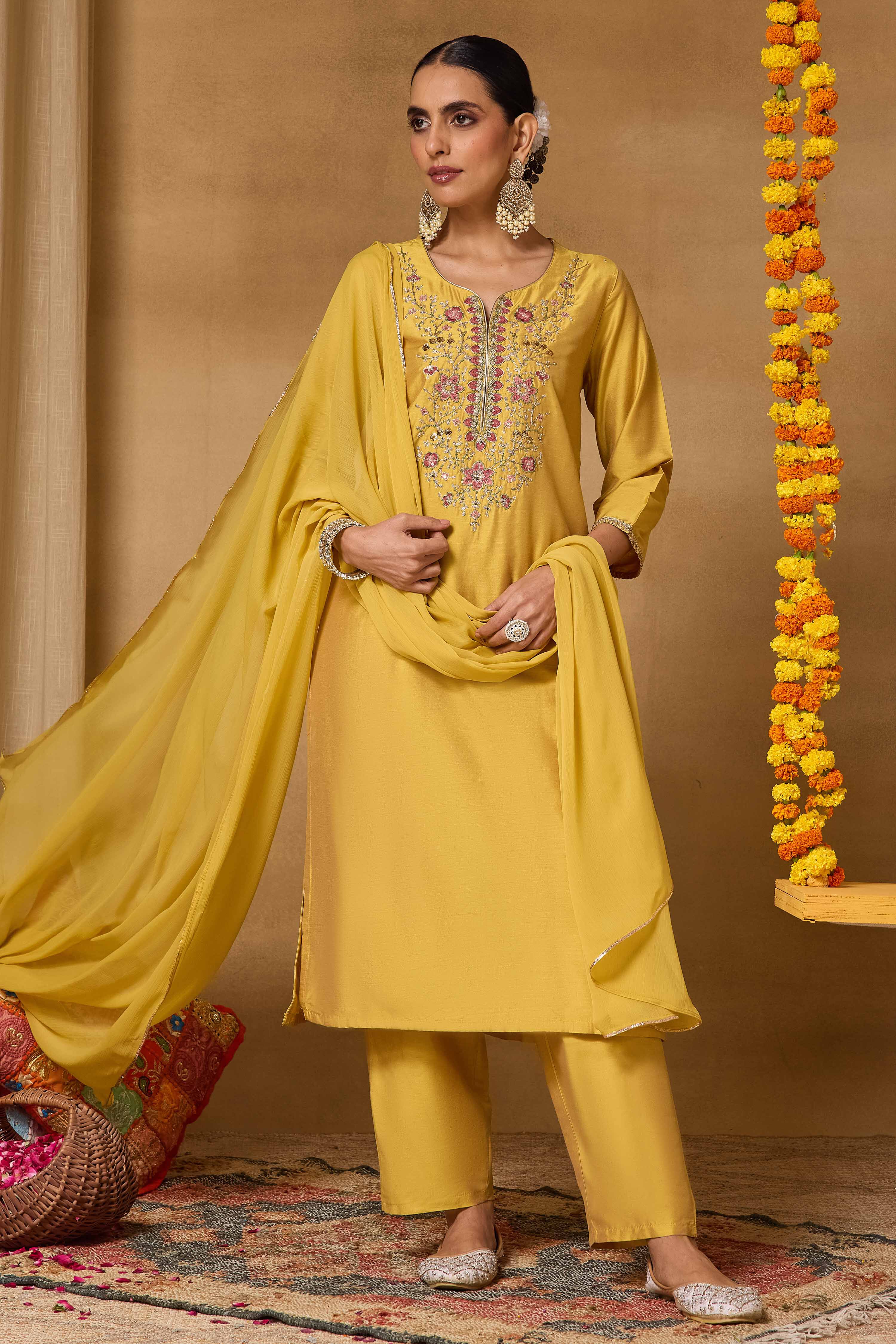 Yellow Viscose Blend Straight Solid Suit Set image number 0