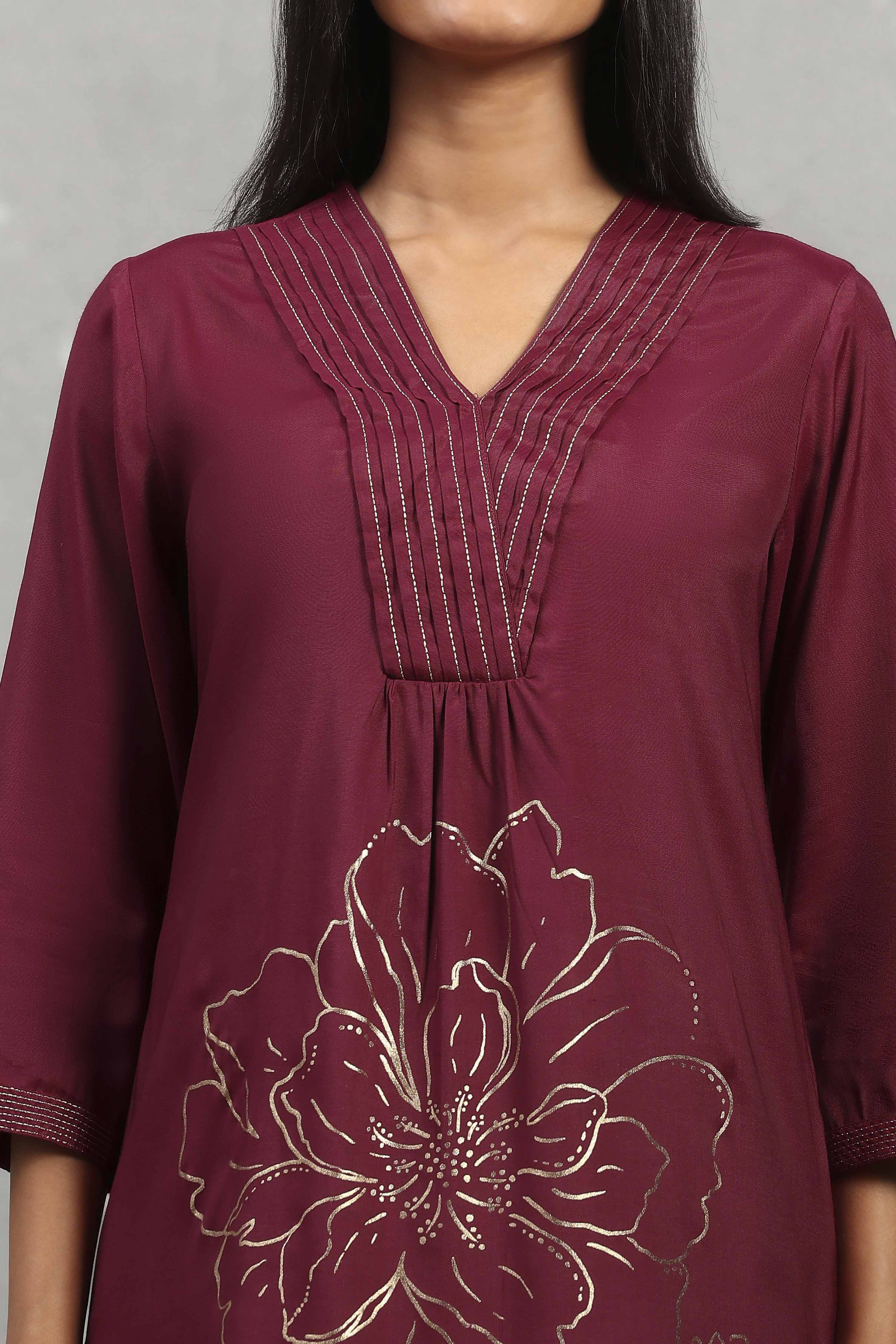 Purple Viscose Rayon Printed A-Line Kurta Pants Set image number 1