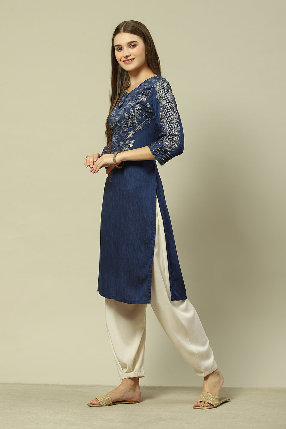 Blue Poly Viscose Straight Printed Kurta image number 2