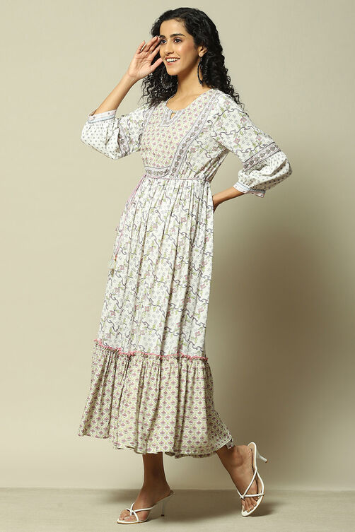 Ecru LIVA Tiered Printed Dress image number 2
