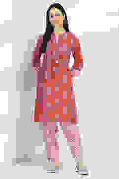 Red Cotton Printed Straight Kurta Set image number 6