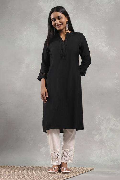 Black Solid Straight Kurta image number 5
