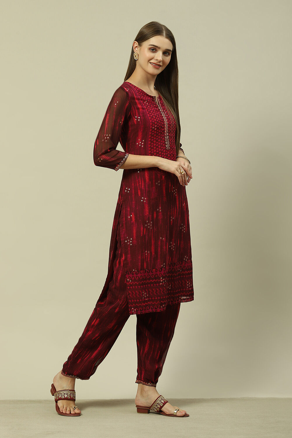 Wine Polyester Straight Printed Kurta Palazzo Suit Set image number 2