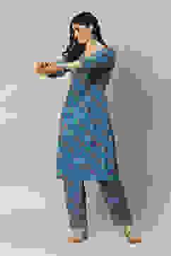 Coblt Blue LIVA Straight Printed Kurta Palazzo Suit Set image number 0