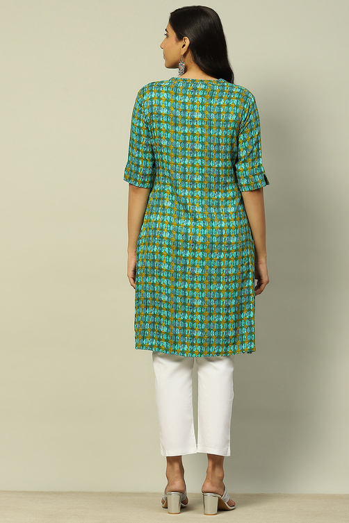 Blue Geometric Printed Straight Kurta image number 3