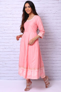 Peach Cotton Slub Kalidar Kurta image number 2