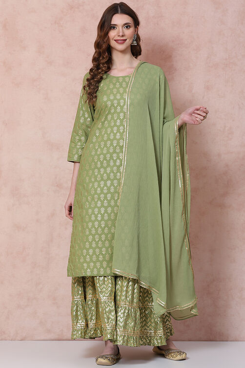 Olive Green Cotton Straight Suit Set image number 0