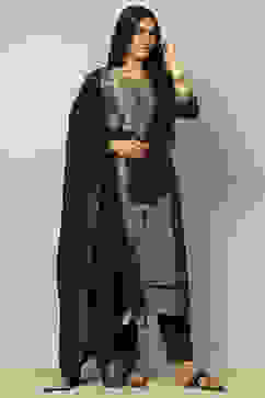 Black Viscose Blend Yarn Dyed Straight Festive Suit Set image number 0