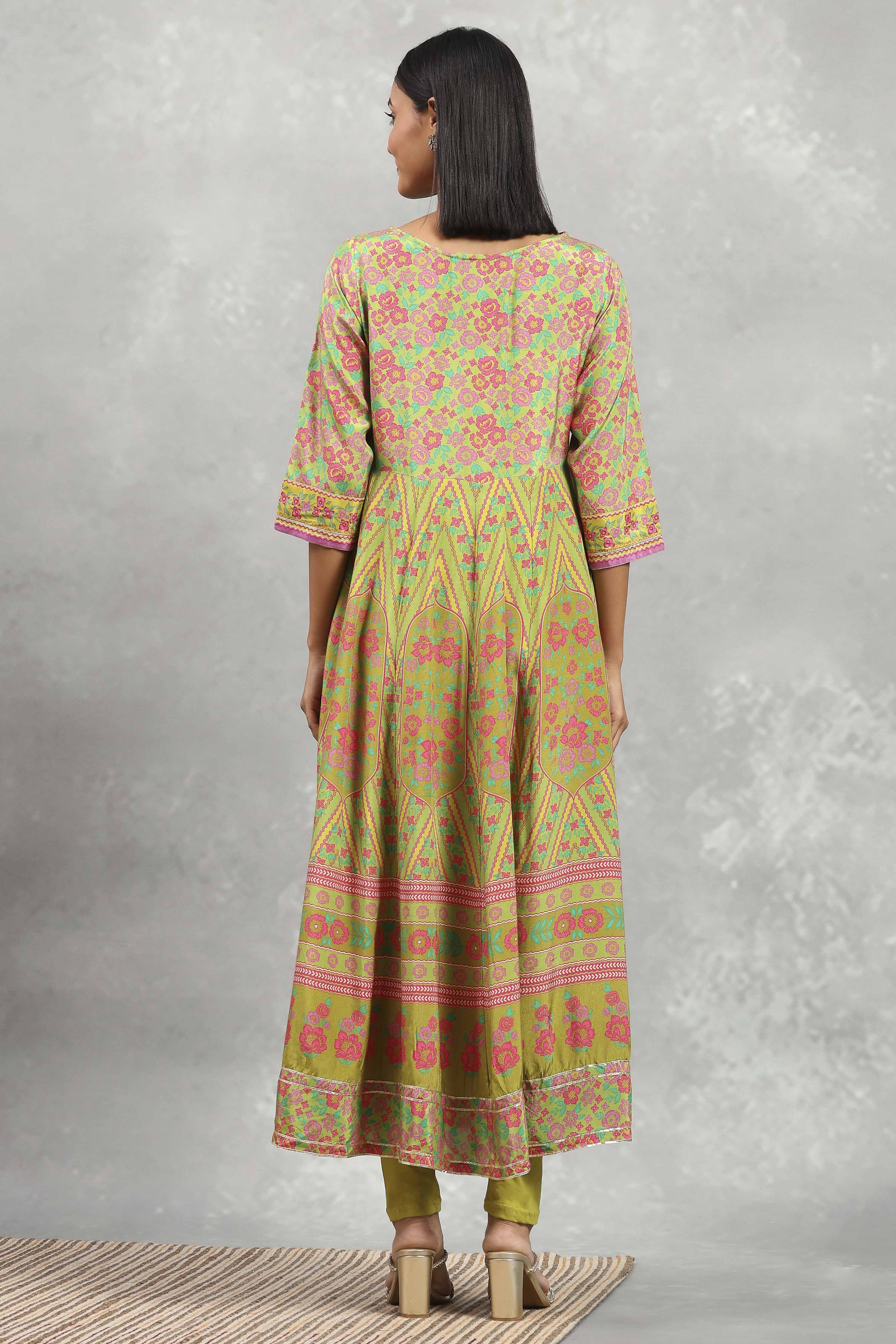 Lime Viscose Rayon Printed Anarkali Suit Set image number 4