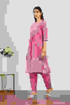 Pink Cotton Kurta Pants Set image number 3