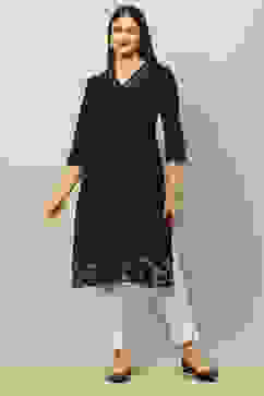 Black Cotton Jacquard Yarndyed Straight Kurta image number 0