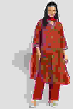 Maroon Cotton Blend Floral Straight Suit Set image number 6