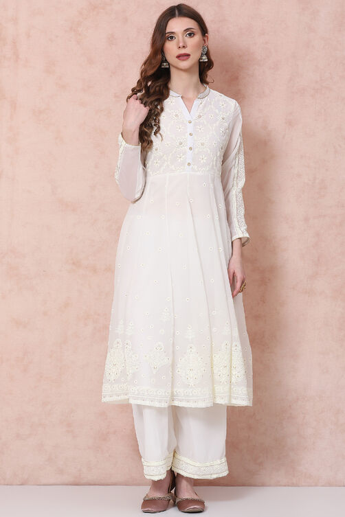 Off White Art Silk Kalidar Kurta image number 0