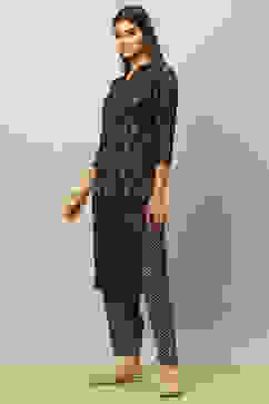 Navy Blue Viscose Blend Straight Printed Kurta Salwar Suit Set image number 3