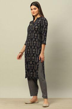 Navy Blue Viscose Blend Straight Printed Kurta Salwar Suit Set image number 3