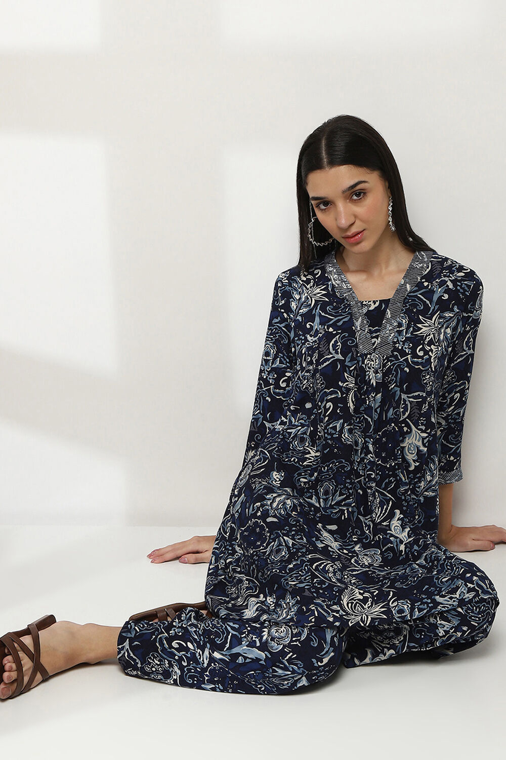 Navy Blue Printed Straight Co-ord Set image number 0