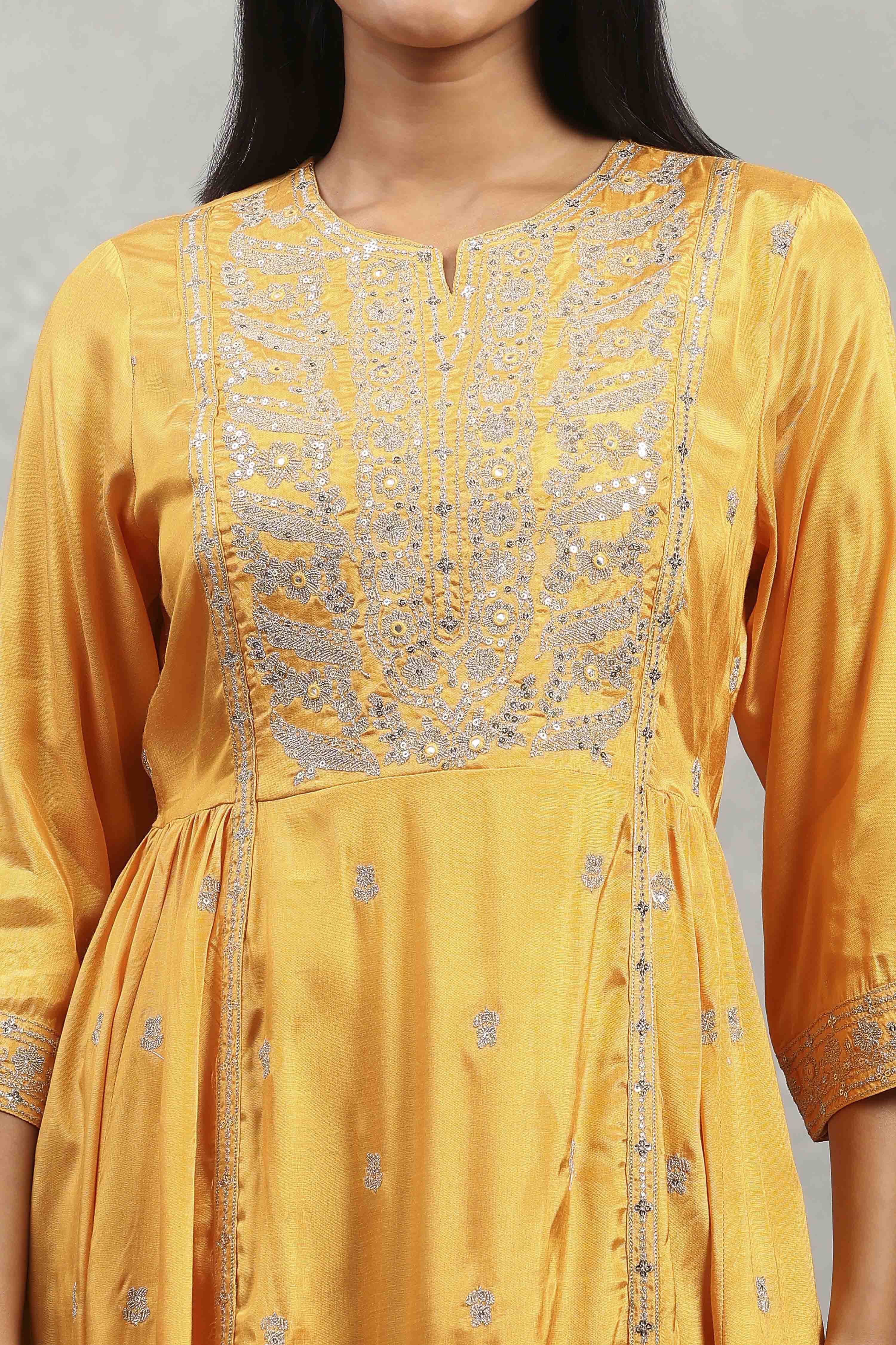 Yellow Viscose Rayon Embroidered Gathered Suit Set image number 1