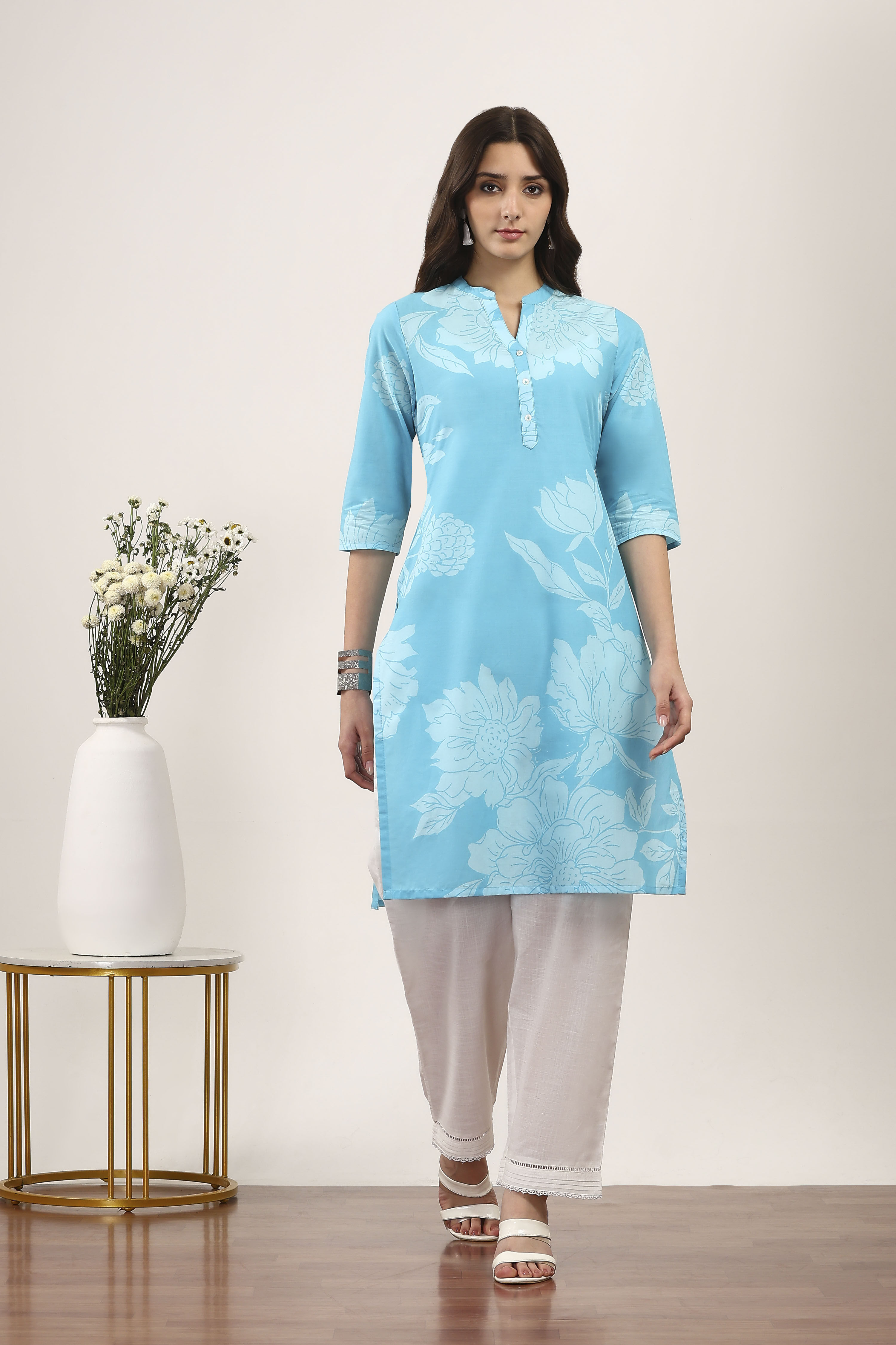 Pink Cotton Floral Printed Straight Kurta image number 5