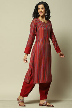 Red Acrylic Straight Yarndyed Kurta Palazzo Suit Set image number 5