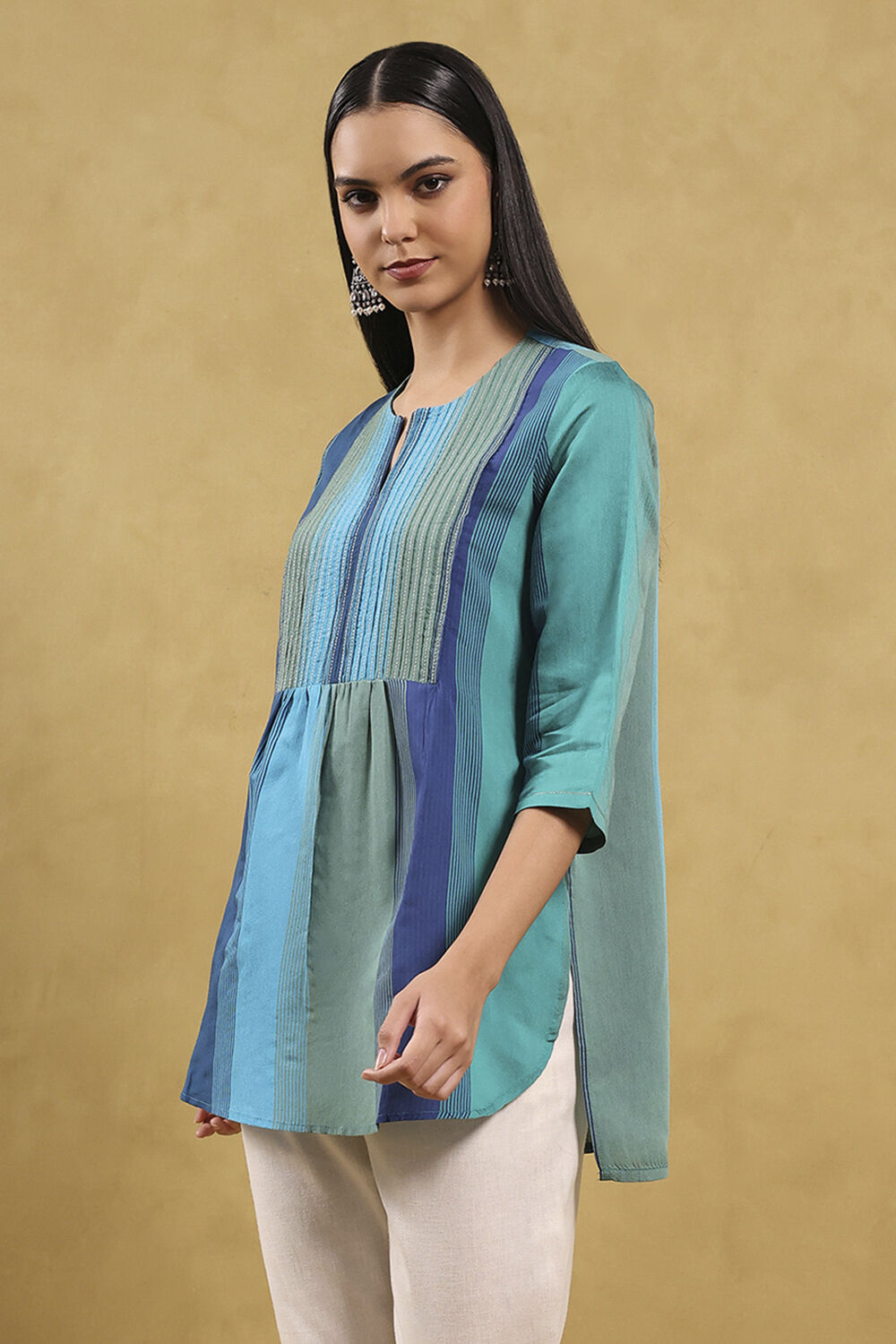 Blue Viscose Blend Solid Tiered Top image number 2