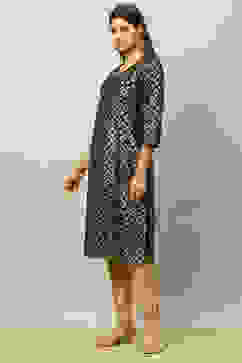 Black Cotton Printed Straight Kurta image number 2