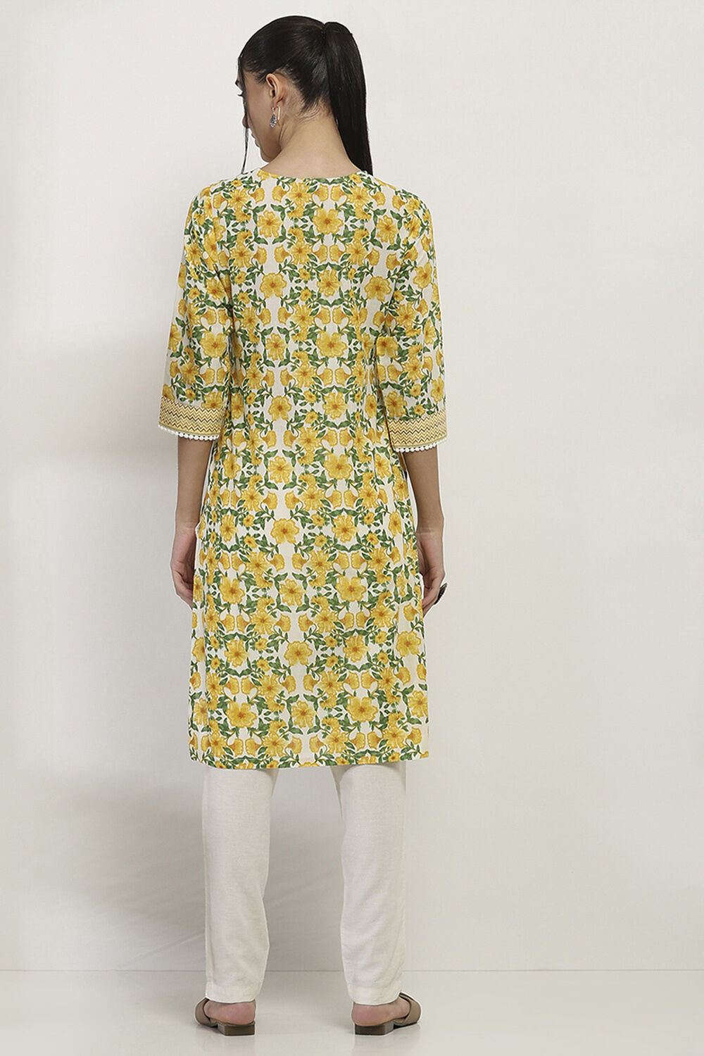 Yellow Cotton Printed Straight Kurta image number 3