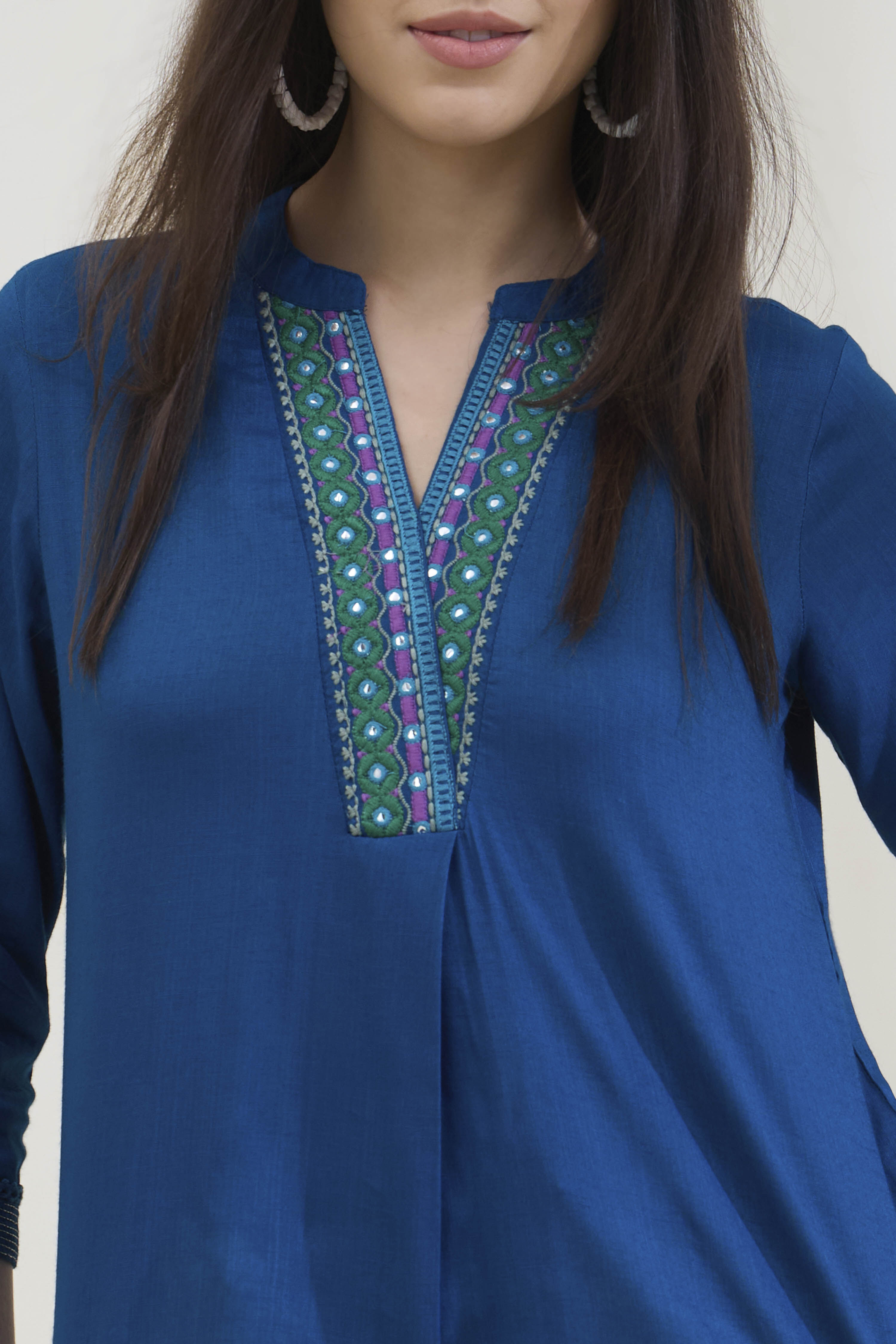 Blue Viscose Rayon Straight Solid Top image number 1