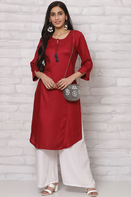 Red LIVA Straight Kurta image number 5