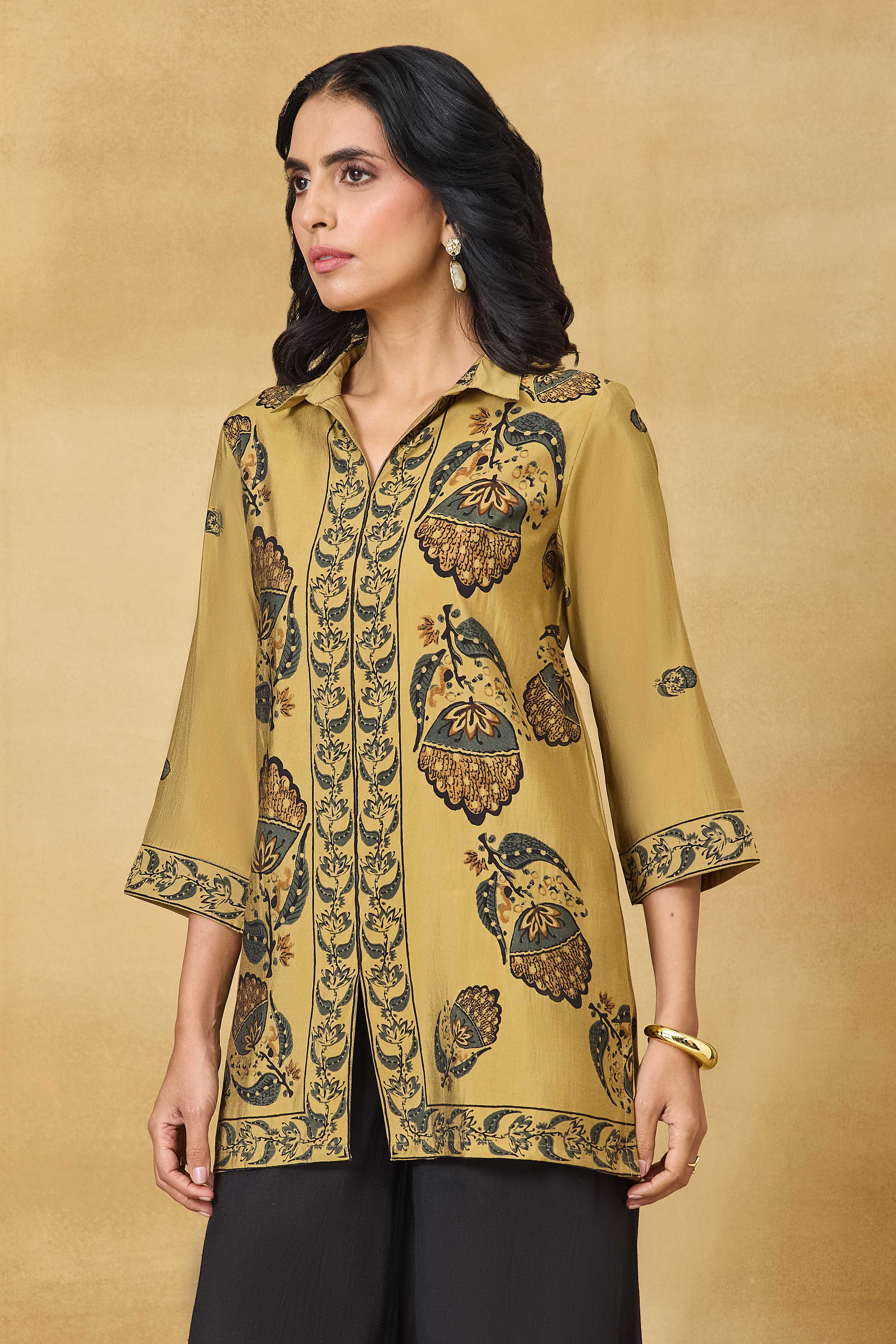 Beige Viscose Blend Straight Printed Top image number 2