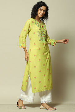 Lime Yellow LIVA Straight Printed Kurta image number 4