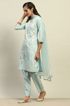 Blue Viscose Muslin Straight Printed Kurta Palazzo Suit Set image number 2