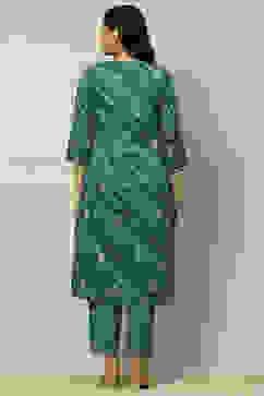 Teal Blue Cotton Straight Printed Kurta Pants Set image number 4