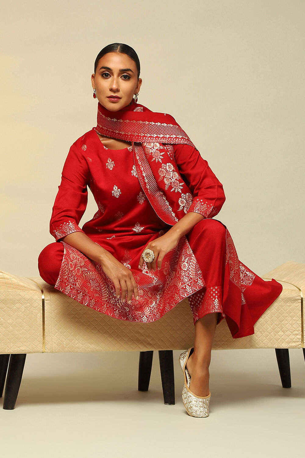 Red Acrylic Straight Yarn Dyed Kurta Palazzo Suit Set image number 6
