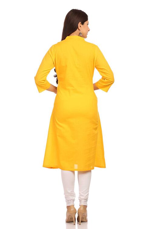 Yellow Straight Cotton Kurta image number 3