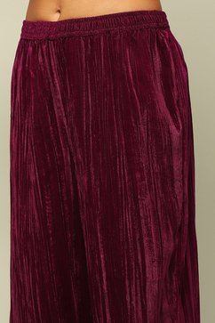 Wine Poly Velvet Straight Solid Kurta Palazzo Suit Set image number 2