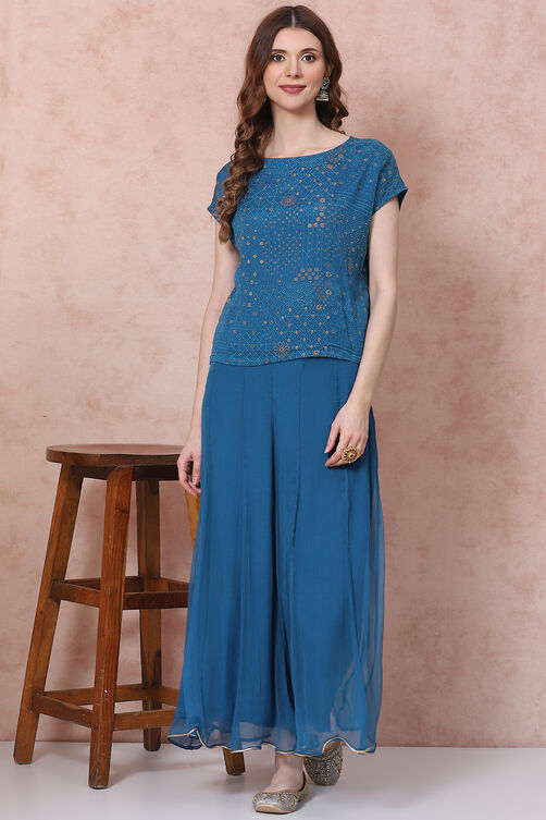 Petrol Blue Art Silk Co-Ord Set image number 6