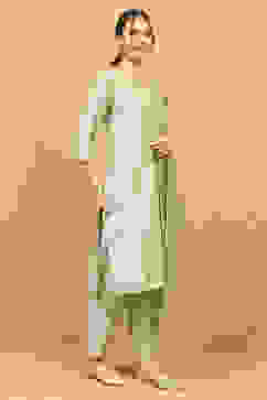 Green Viscose Blend Embroidered Straight Suit Set image number 5