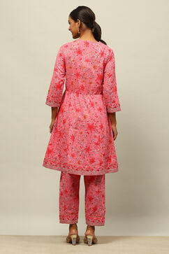 Pink Cotton Lurex A-Line Printed Kurta Salwar Suit Set image number 4