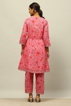 Pink Cotton Lurex A-Line Printed Kurta Salwar Suit Set image number 4
