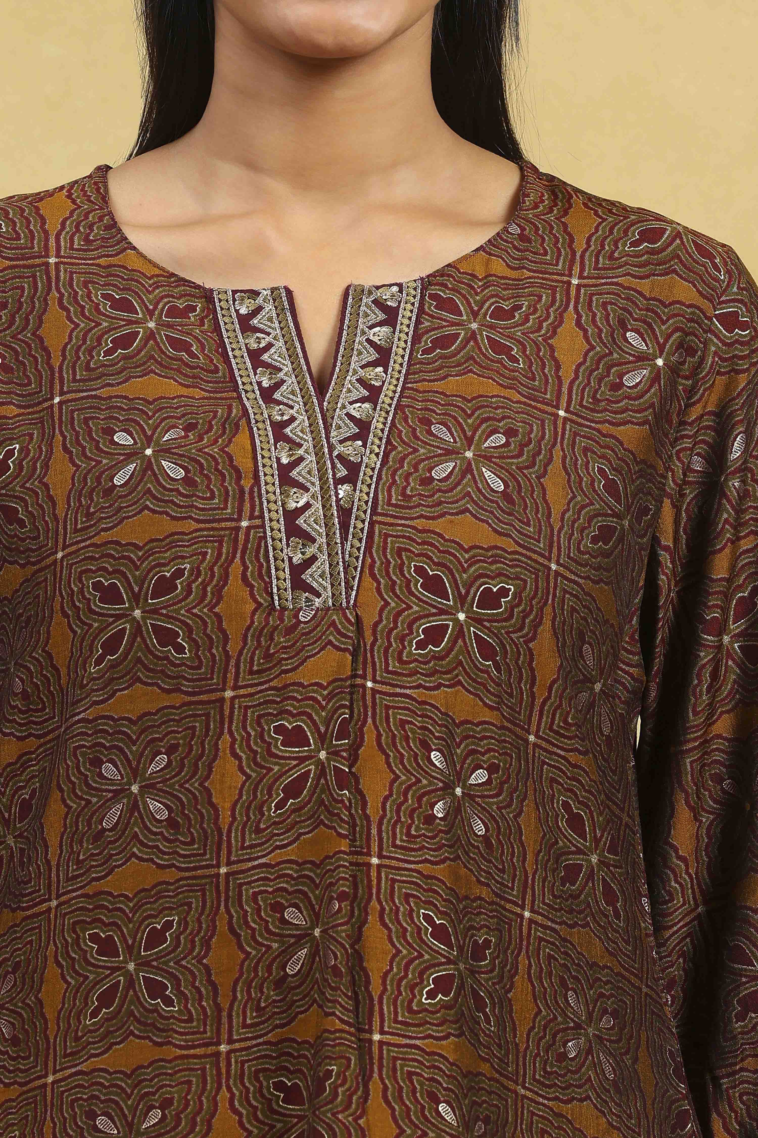 Mustard Viscose Blend Printed Straight Top image number 1