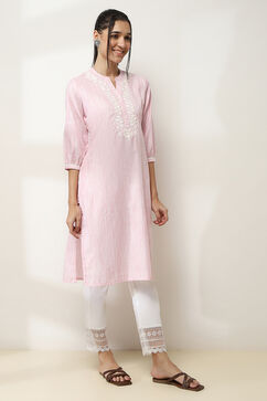 Pink Cotton Yarn-Dyed Straight Kurta image number 4
