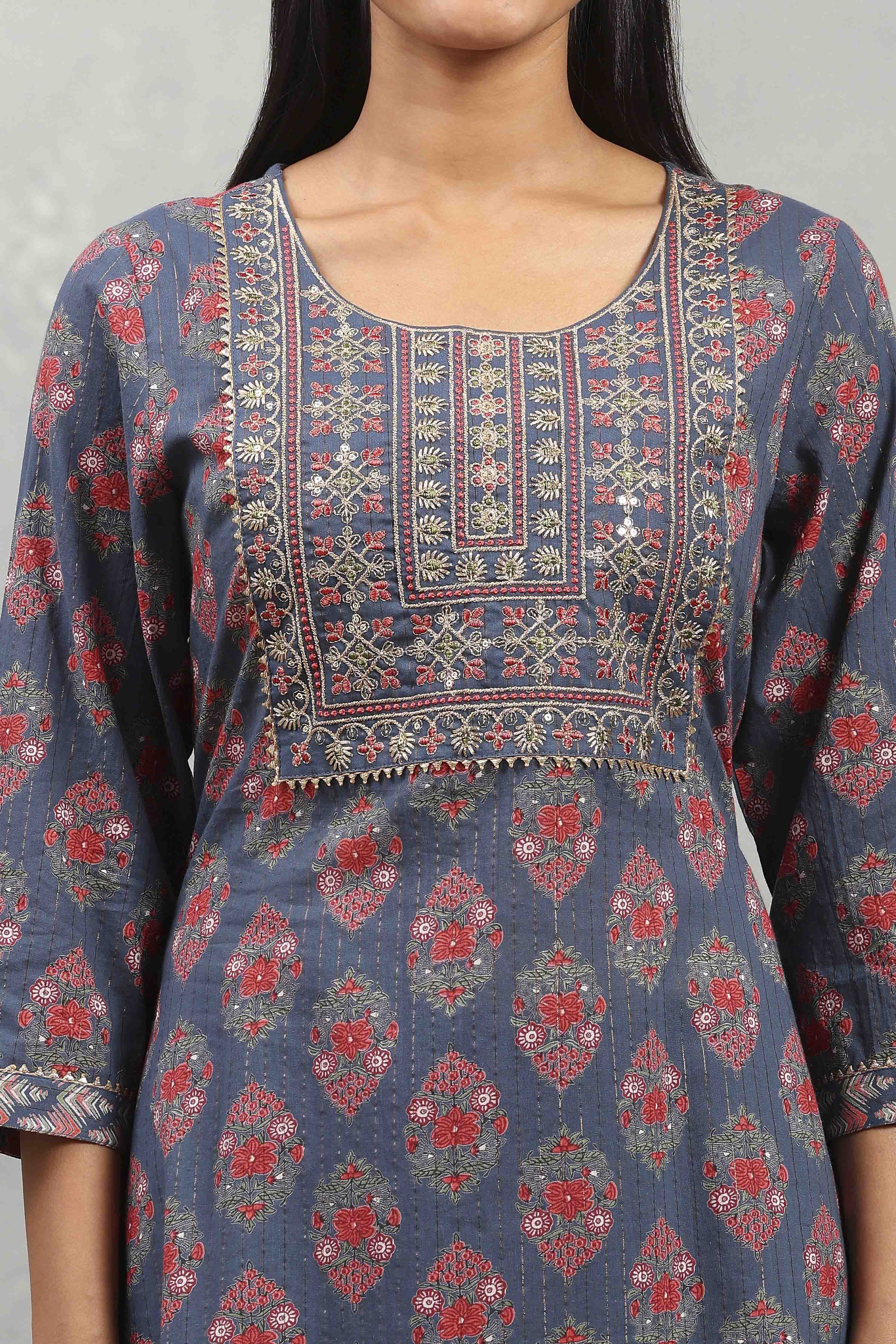 Indigo Cotton Printed Straight Suit Set image number 1