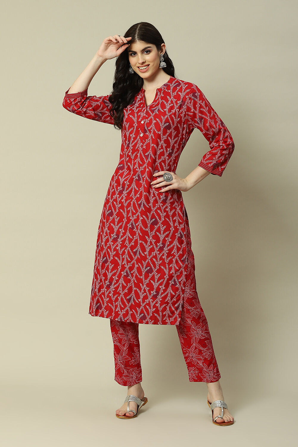 Buy Red LIVA Straight Printed Kurta Palazzo Suit Set 2N for