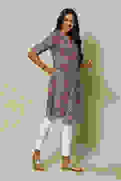 Grey LIVA Straight Printed Kurta image number 3