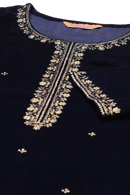 Blue Acrylic Velvet Straight Suit Set image number 1