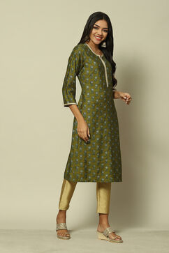 Green LIVA Straight Printed Kurta image number 3