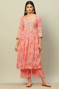 Orange Viscose Muslin Straight Printed Kurta Palazzo Suit Set image number 6